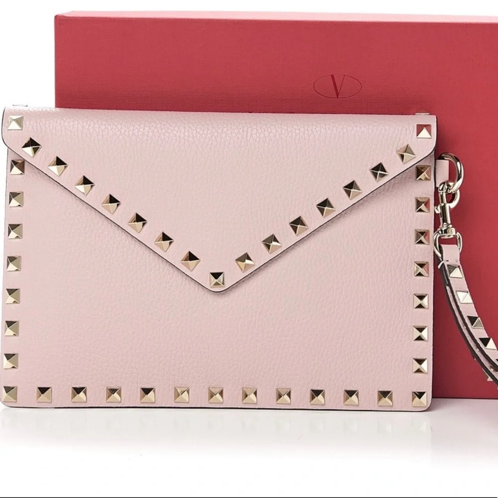 Valentino Pink Rockstud Leather Wristlet Clutch